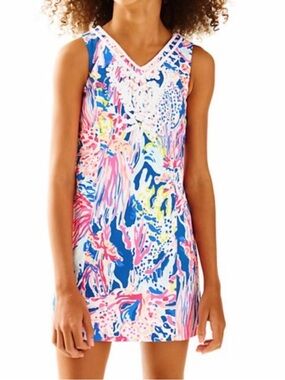 Lilly Pulitzer Neon Pink, Navy & Yellow Printed Sleeveless Shift Dress 14